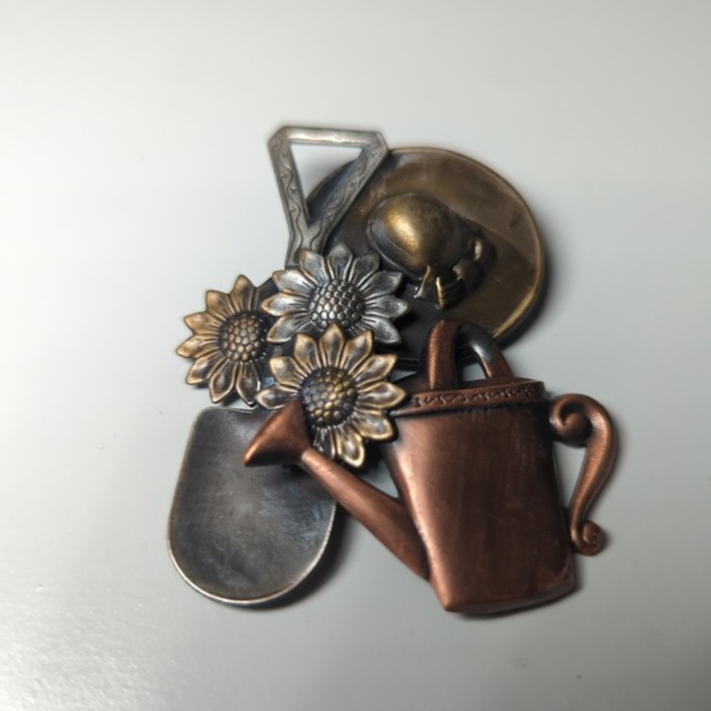 Vintage K&T Gardening Garden Theme Brooch Pin Flowers Wheelbarrow Spade Seeds‎